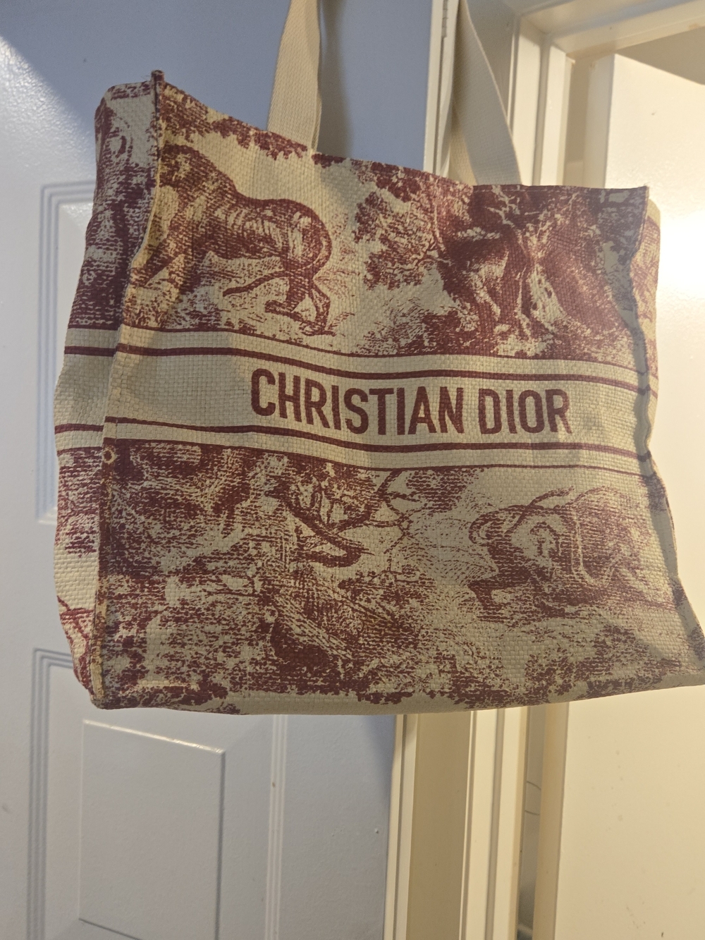 Dior Men’s Beige and Burgundy Canvas Tote Bag